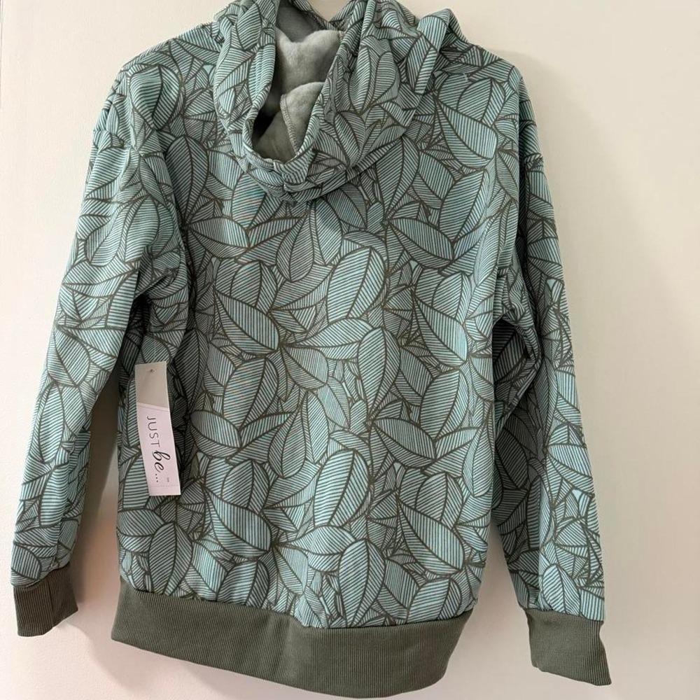 Just Be Hoodie Women Large Green NWT Leaf Print Fleece Lined Pullover